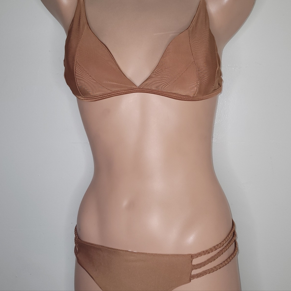 NEW MEDIUM CARMEL / SANDY 2 PIECE BIKINI UPLIFT TOP BRADED SIDES BOTTOM